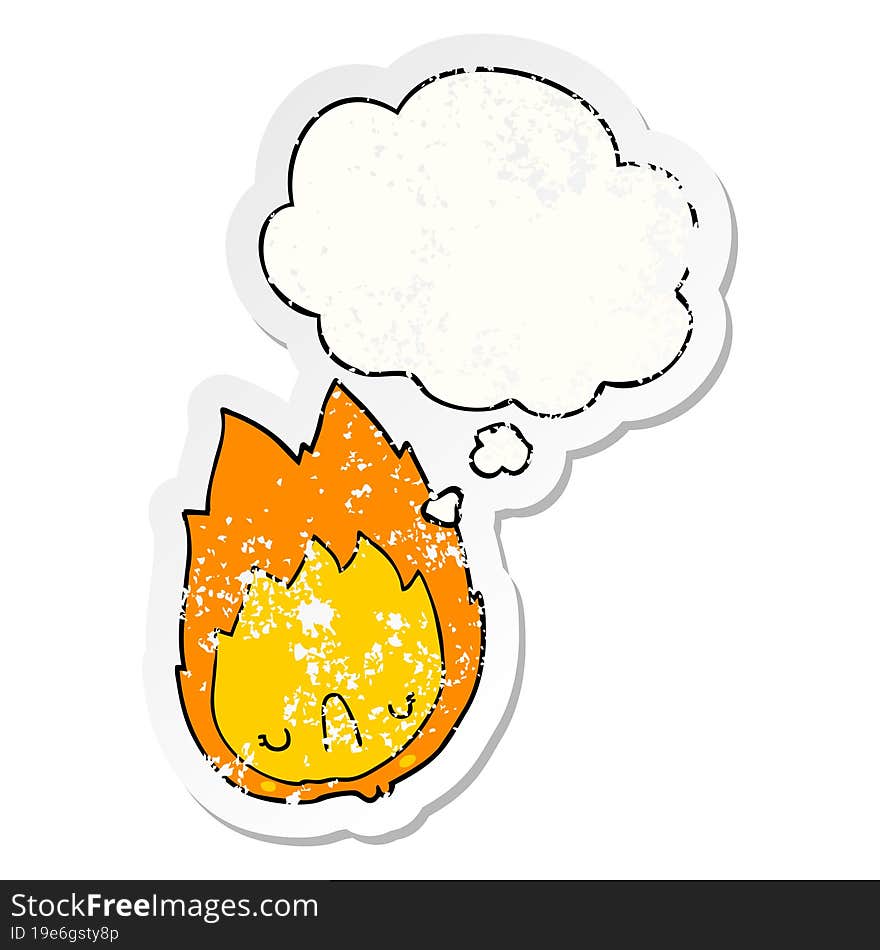 cartoon unhappy flame and thought bubble as a distressed worn sticker