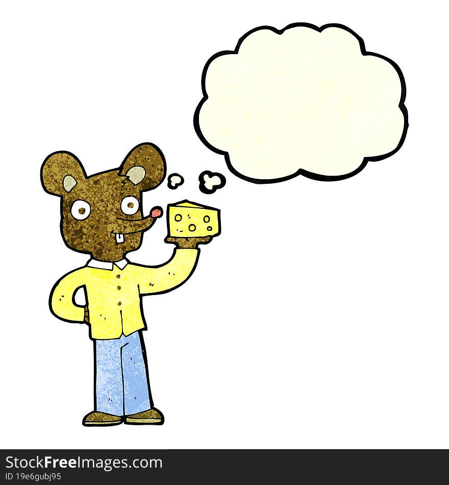 cartoon mouse holding cheese with thought bubble