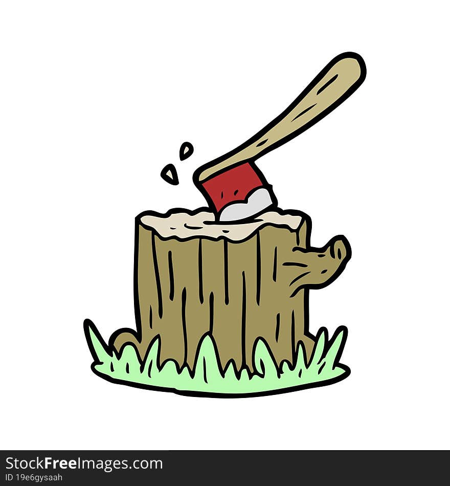 cartoon axe stuck in tree stump. cartoon axe stuck in tree stump