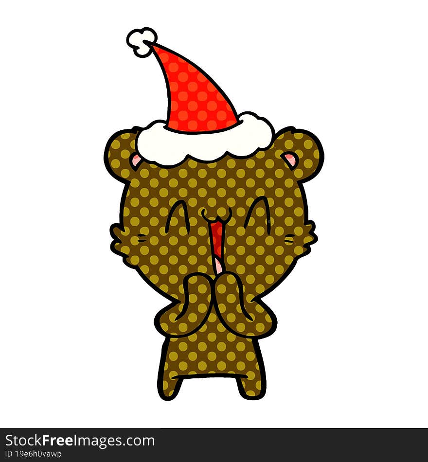 happy bear comic book style illustration of a wearing santa hat