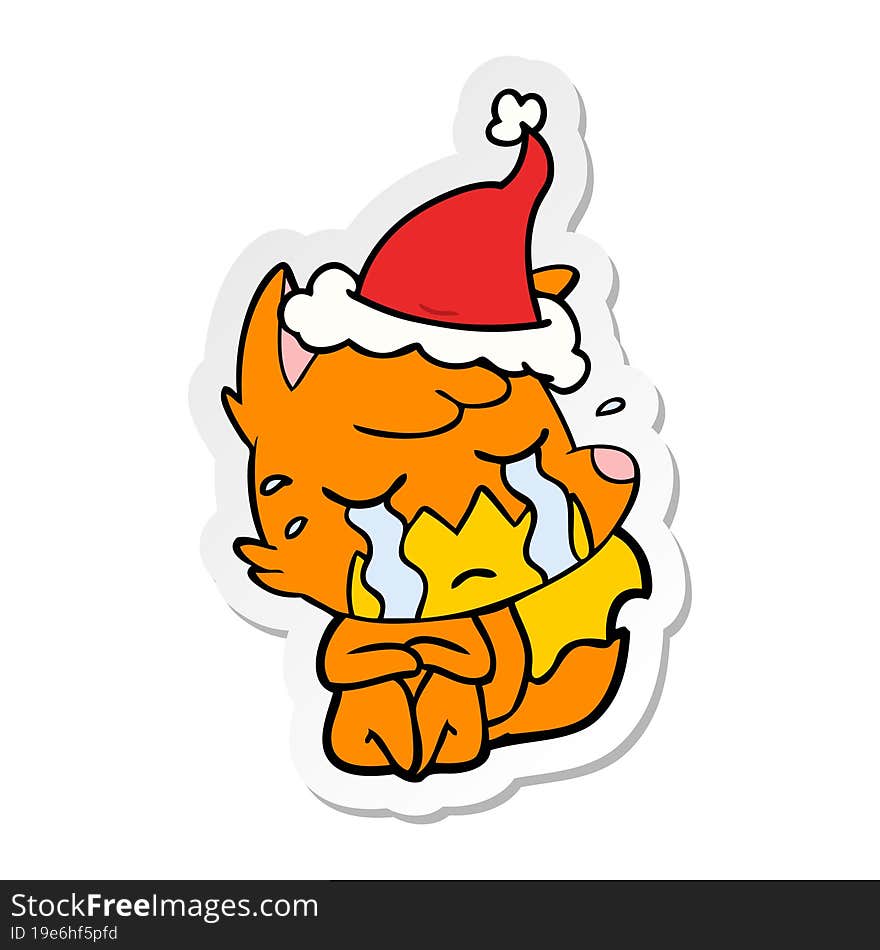 crying fox sticker cartoon of a wearing santa hat