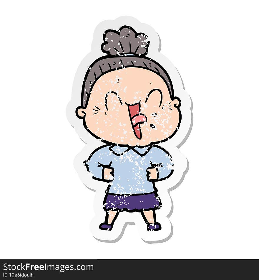 distressed sticker of a cartoon happy old woman