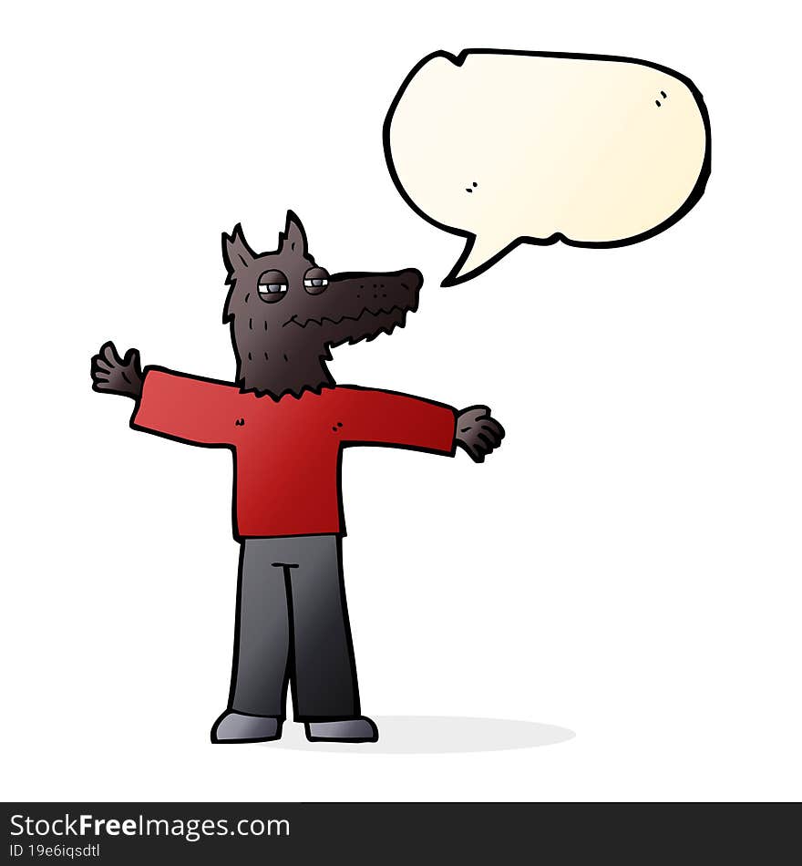 cartoon happy wolf man with speech bubble