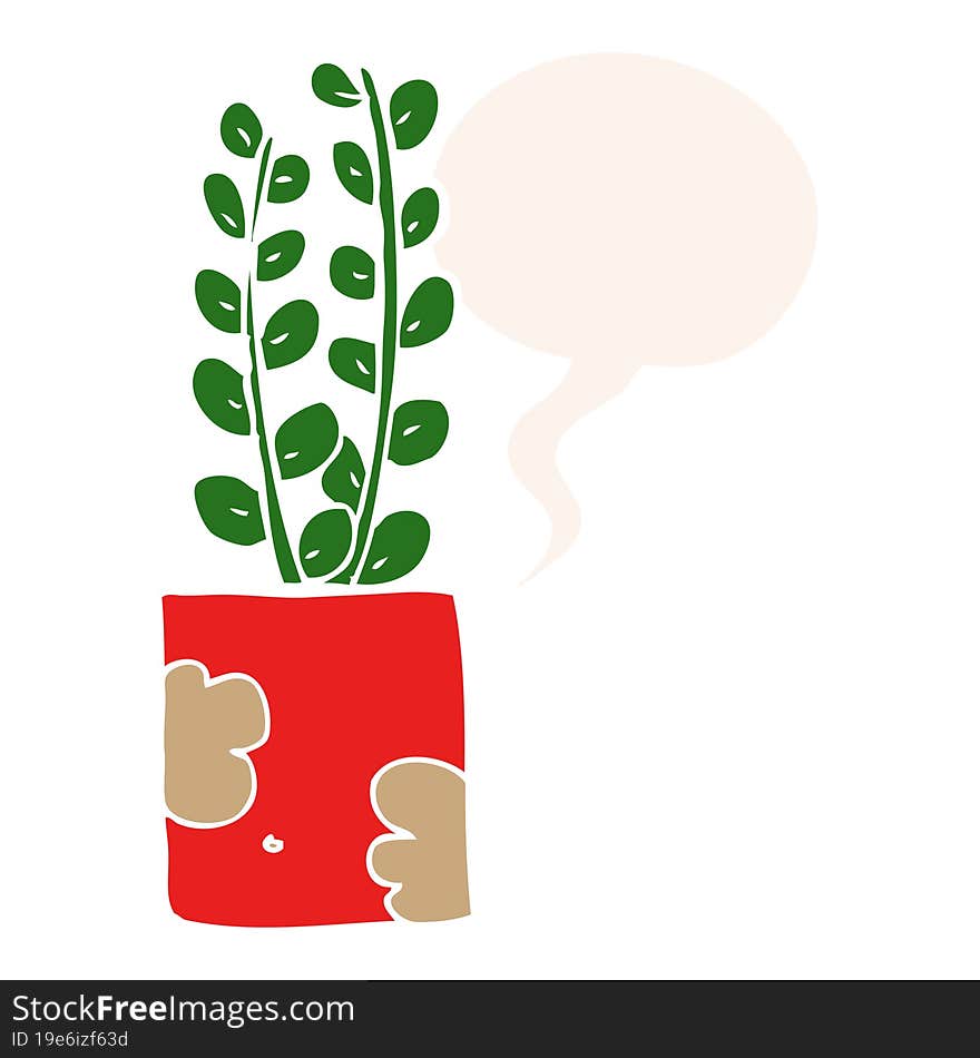 cartoon plant and speech bubble in retro style