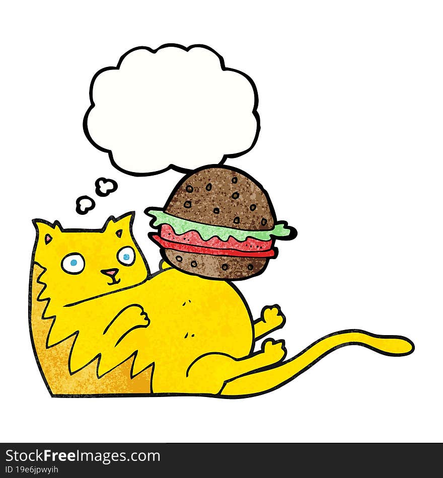 thought bubble textured cartoon fat cat with burger