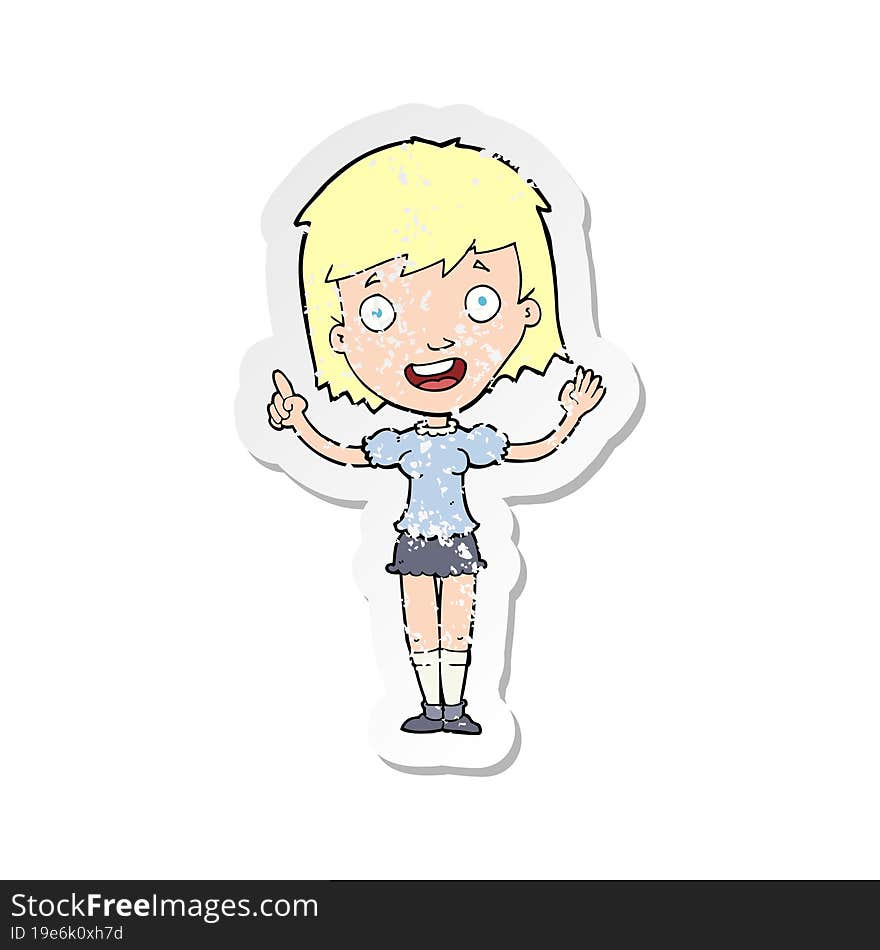 retro distressed sticker of a cartoon woman pointing