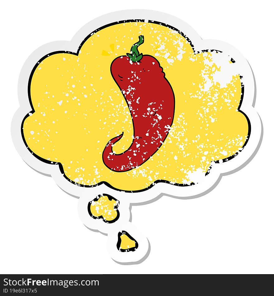 Cartoon Chili Pepper And Thought Bubble As A Distressed Worn Sticker