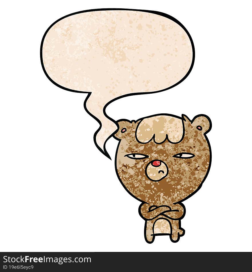 cartoon annoyed bear and arms crossed and speech bubble in retro texture style