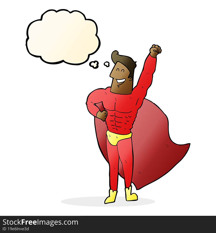 cartoon superhero with thought bubble