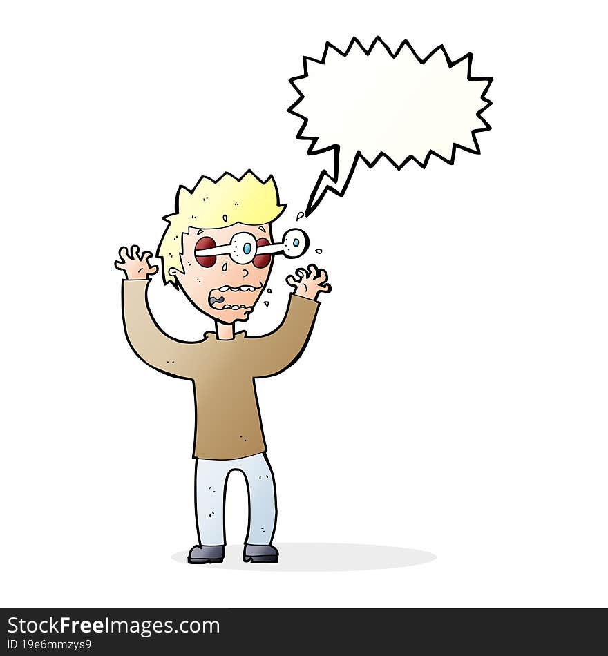 cartoon terrified man with speech bubble