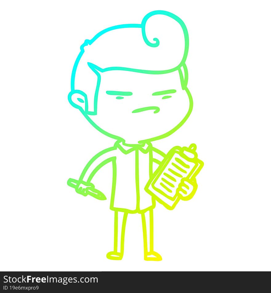 cold gradient line drawing cartoon cool guy with fashion hair cut and clip board