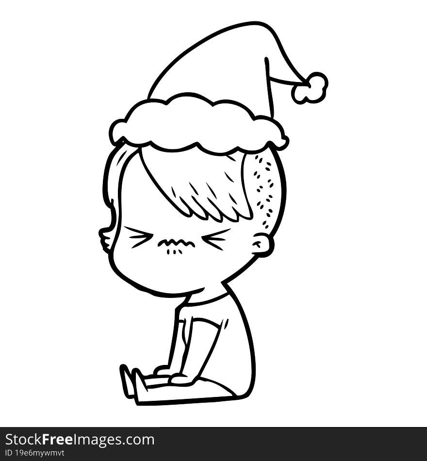 hand drawn line drawing of a annoyed hipster girl wearing santa hat