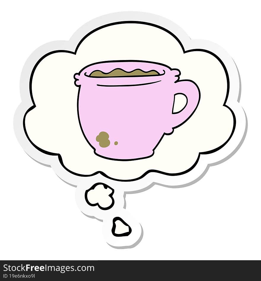 cartoon hot cup of coffee and thought bubble as a printed sticker