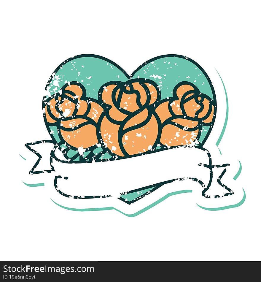 distressed sticker tattoo style icon of a heart and banner with flowers