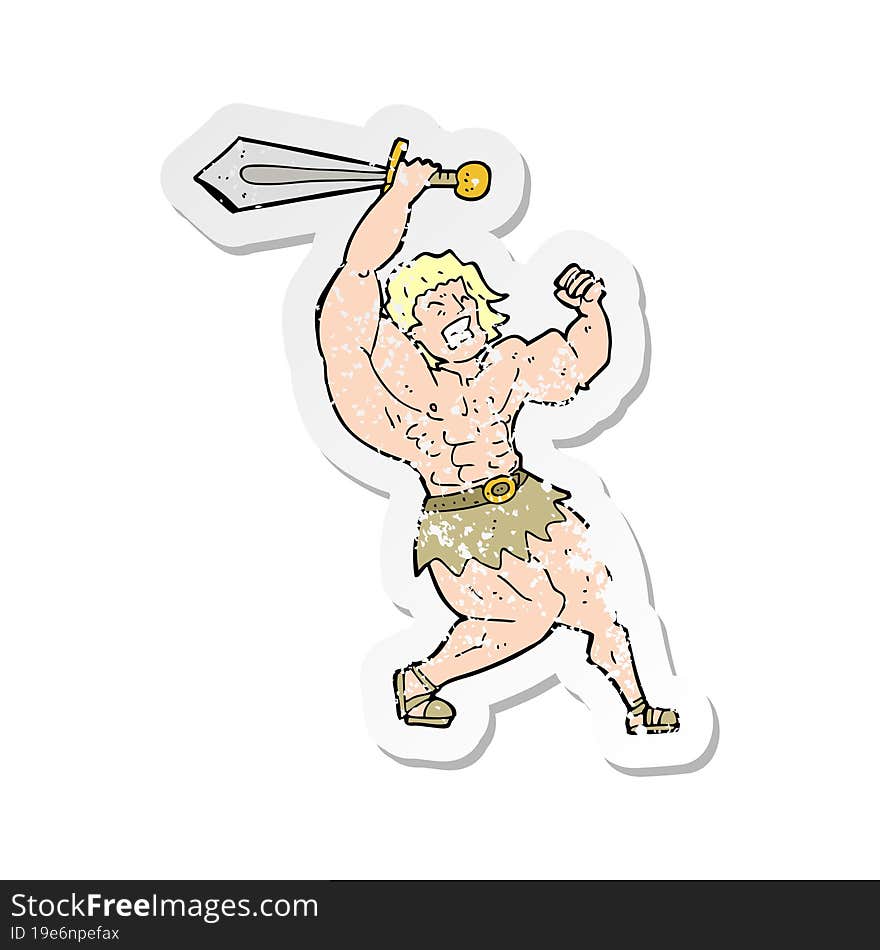 retro distressed sticker of a cartoon barbarian hero