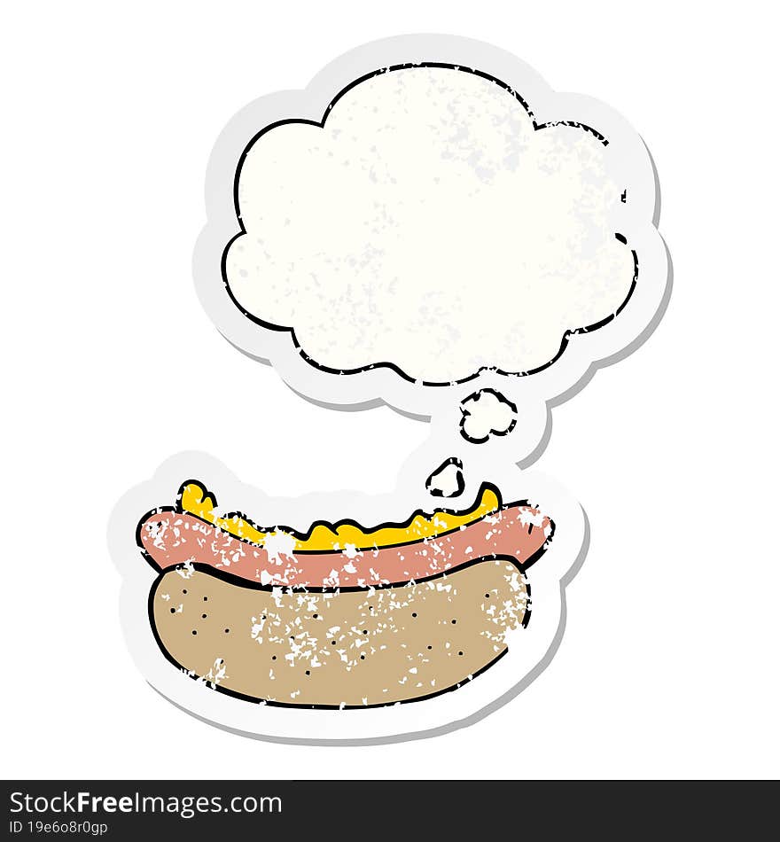 cartoon hotdog with thought bubble as a distressed worn sticker