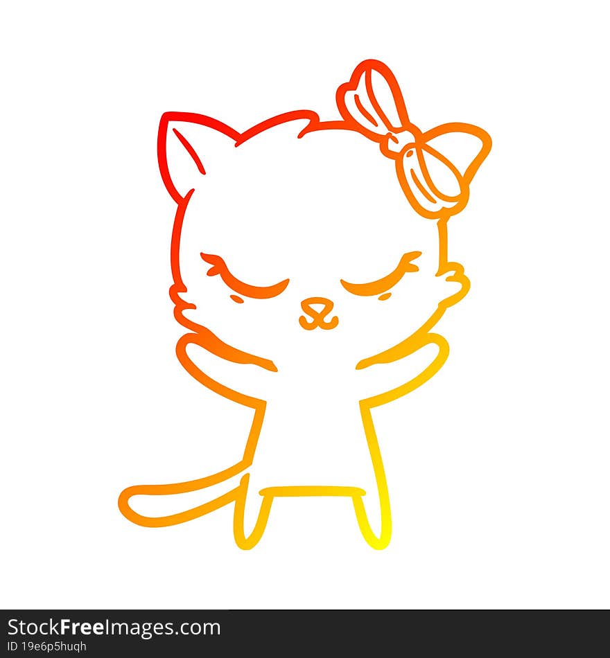 warm gradient line drawing of a cute cartoon cat with bow