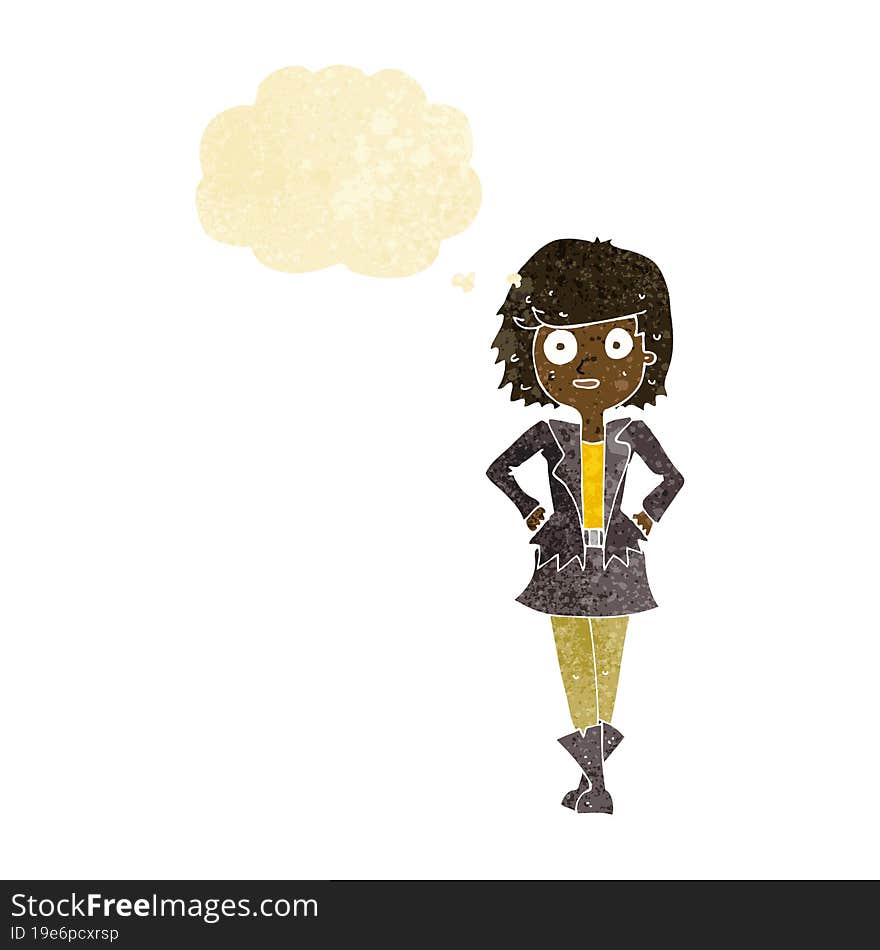 cartoon girl in jacket with thought bubble