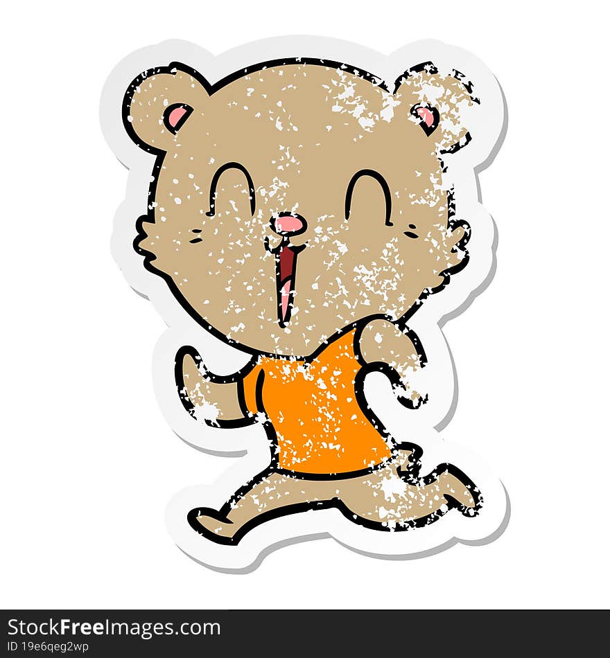 Distressed Sticker Of A Happy Cartoon Bear Running