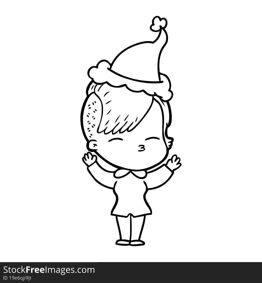 Line Drawing Of A Squinting Girl Wearing Santa Hat