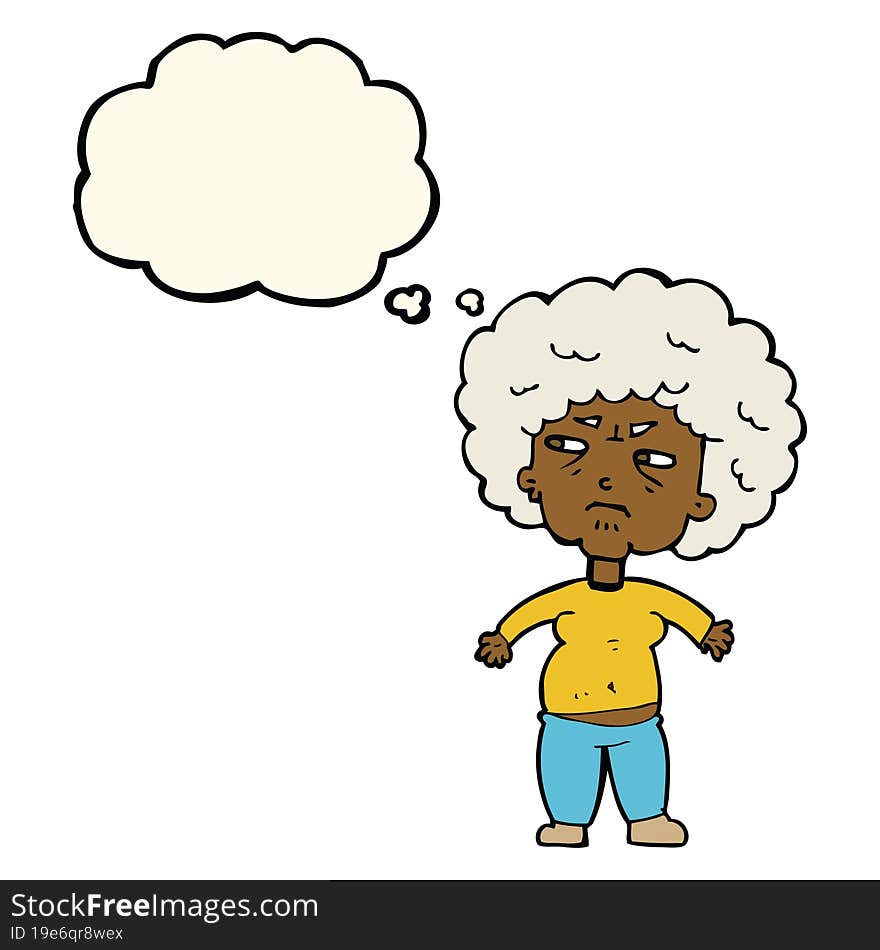 cartoon annoyed old woman with thought bubble