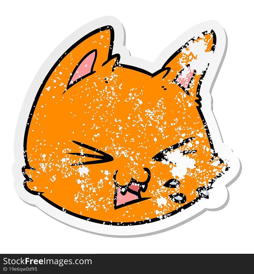 distressed sticker of a spitting cartoon cat face