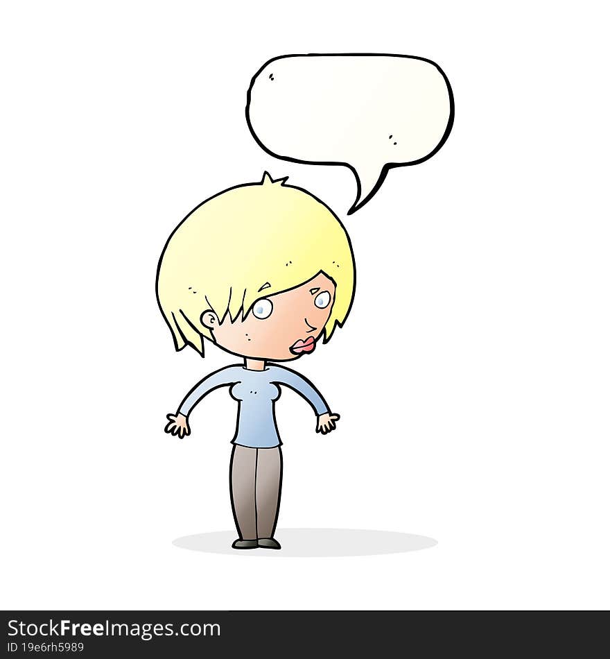 cartoon woman shrugging with speech bubble