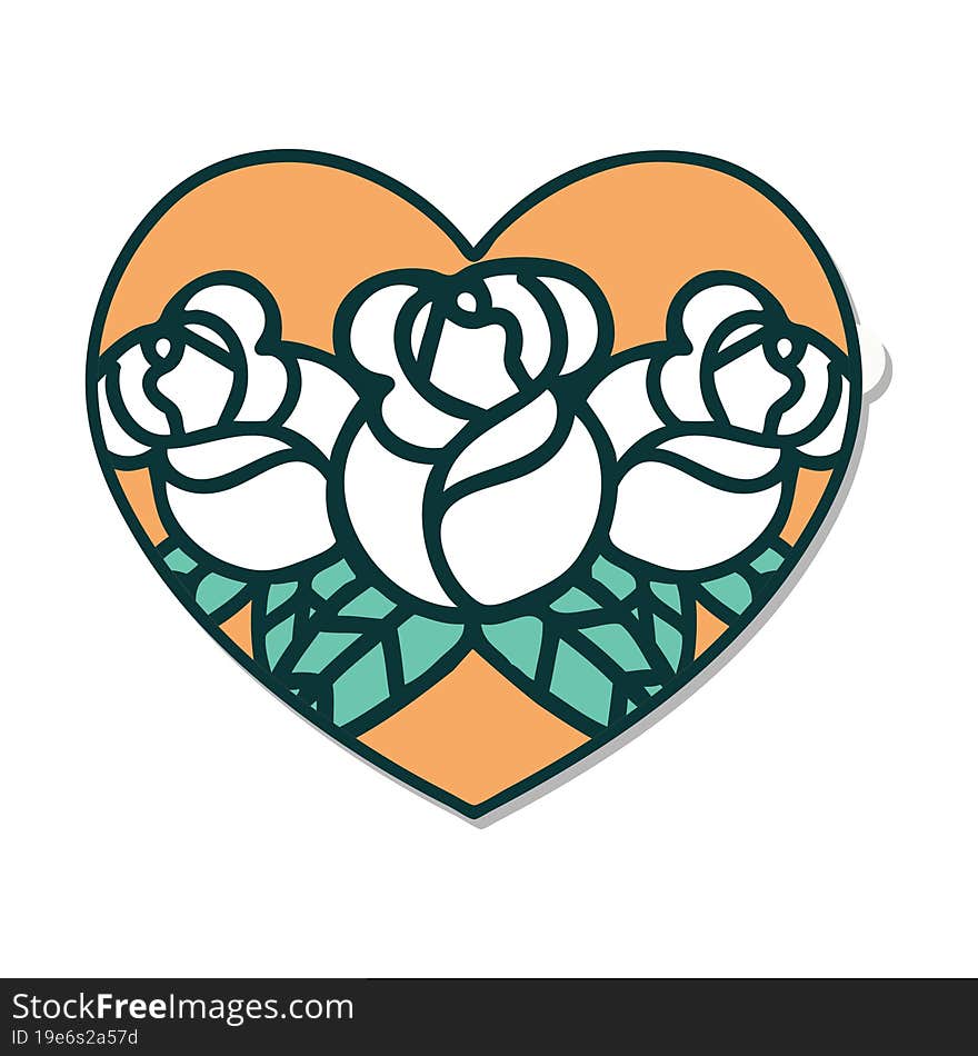 sticker of tattoo in traditional style of a heart and flowers. sticker of tattoo in traditional style of a heart and flowers