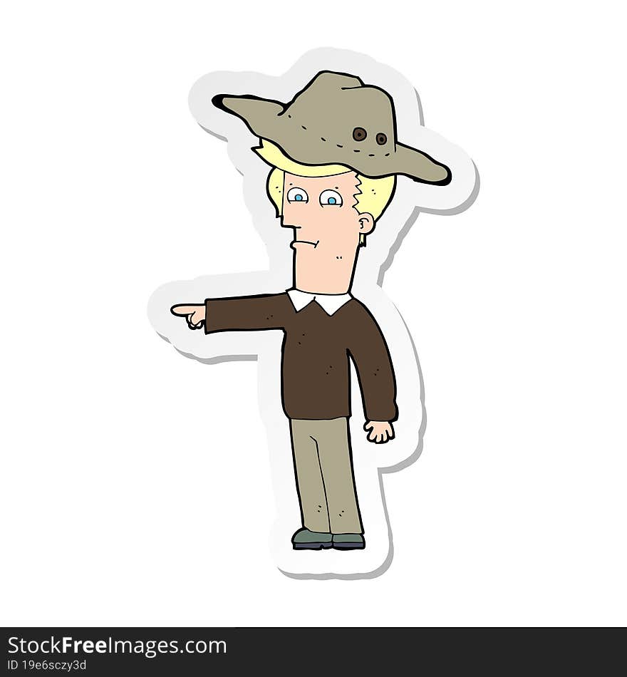 sticker of a cartoon pointing man wearing hat