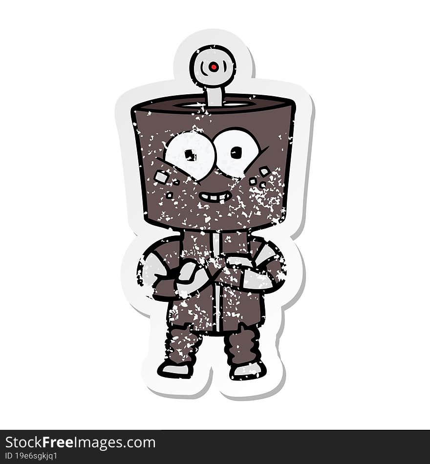 Distressed Sticker Of A Happy Cartoon Robot