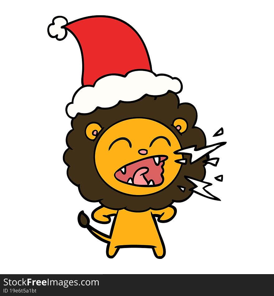 line drawing of a roaring lion wearing santa hat