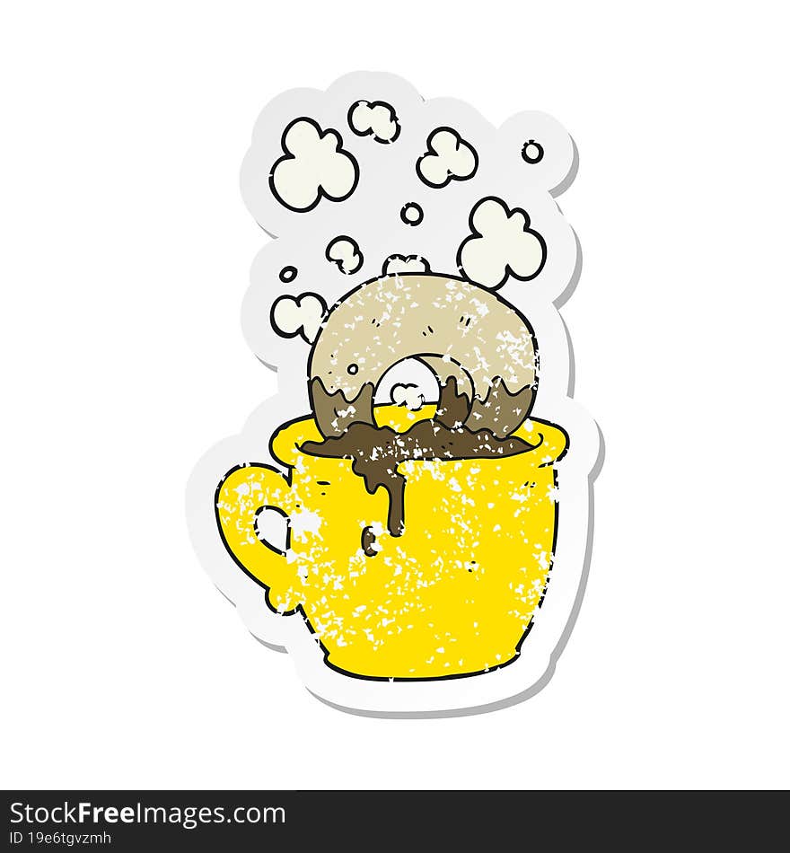 retro distressed sticker of a cartoon donut dunked in coffee