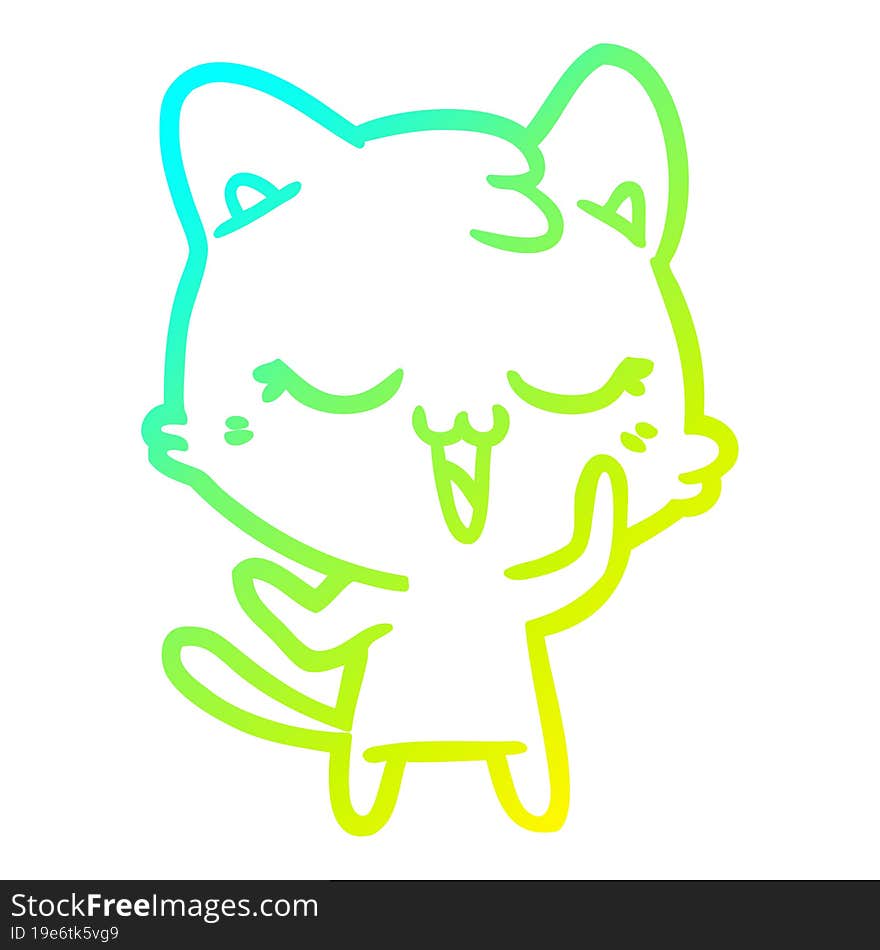 cold gradient line drawing of a happy cartoon cat