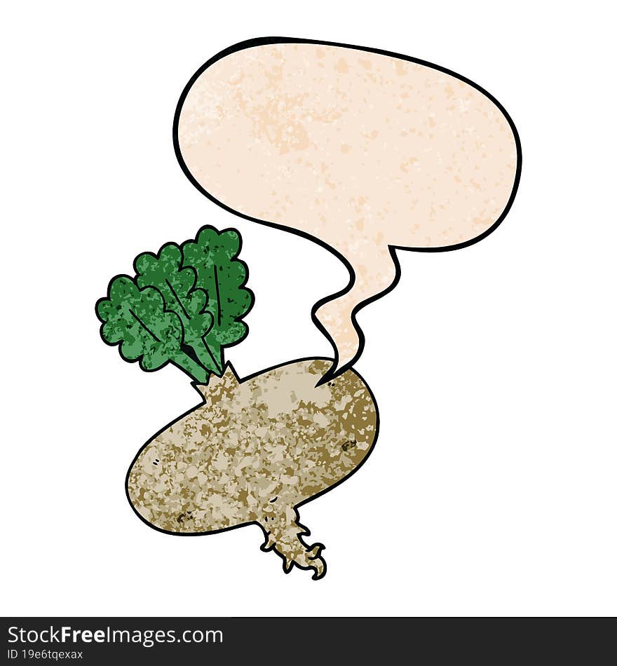 cartoon beetroot with speech bubble in retro texture style