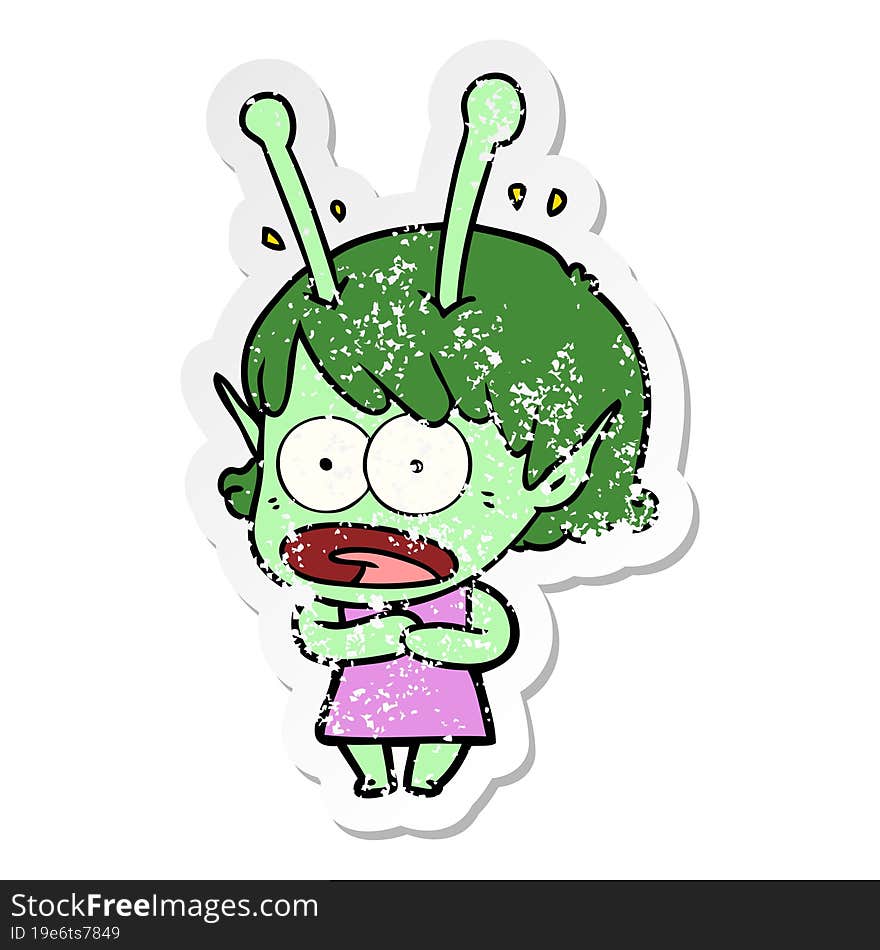 distressed sticker of a cartoon shocked alien girl