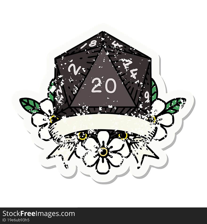 natural 20 critical hit D20 dice roll grunge sticker