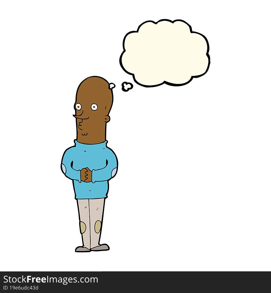 cartoon funny bald man with thought bubble