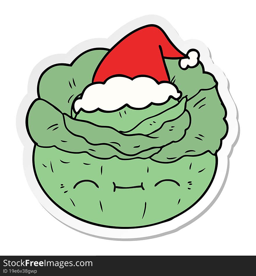 hand drawn sticker cartoon of a cabbage wearing santa hat