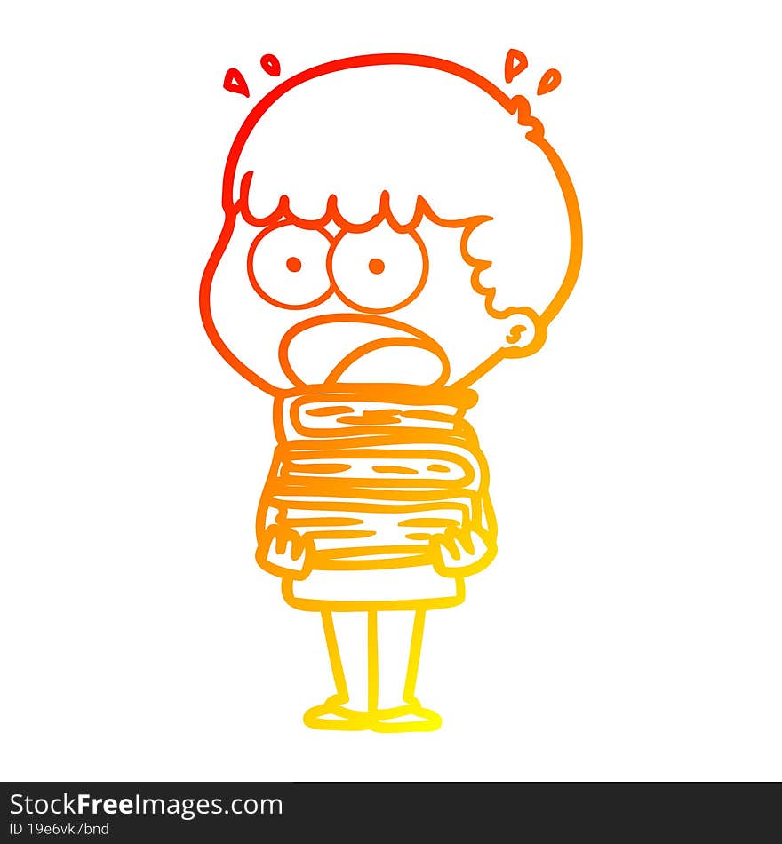 warm gradient line drawing cartoon shocked boy with stack of books