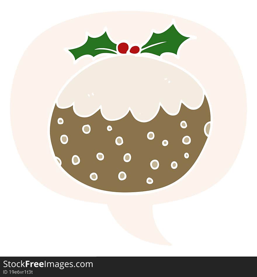 cartoon christmas pudding and speech bubble in retro style