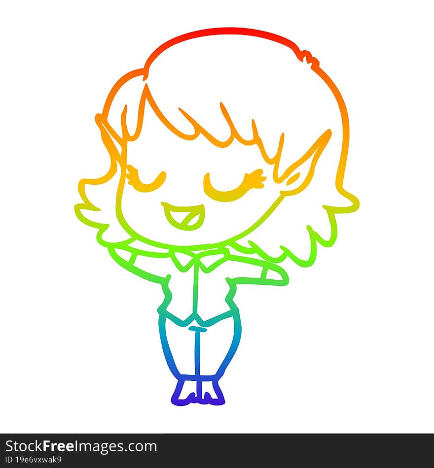 rainbow gradient line drawing of a happy cartoon elf girl