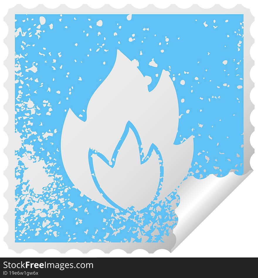 distressed square peeling sticker symbol of a fire