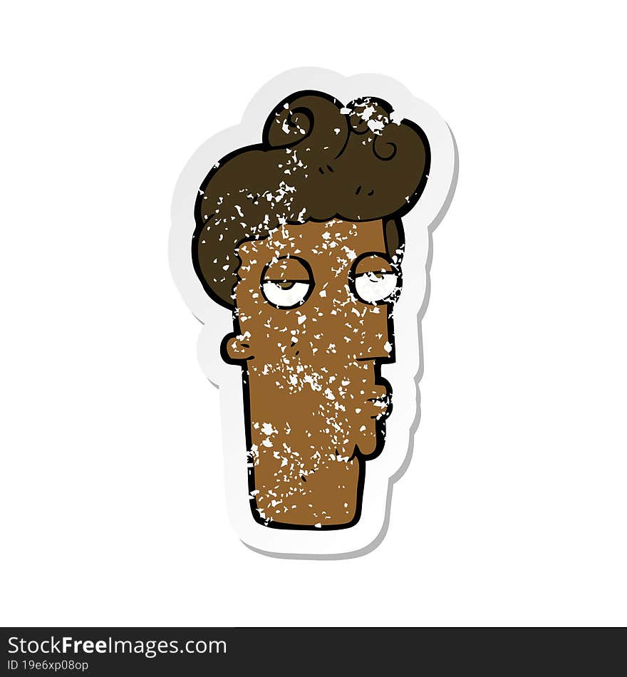 retro distressed sticker of a cartoon bored mans face