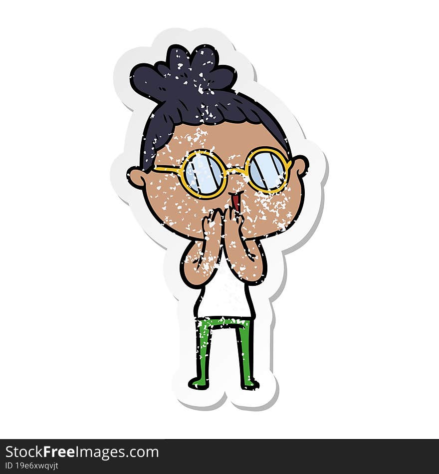 distressed sticker of a cartoon woman wearing spectacles