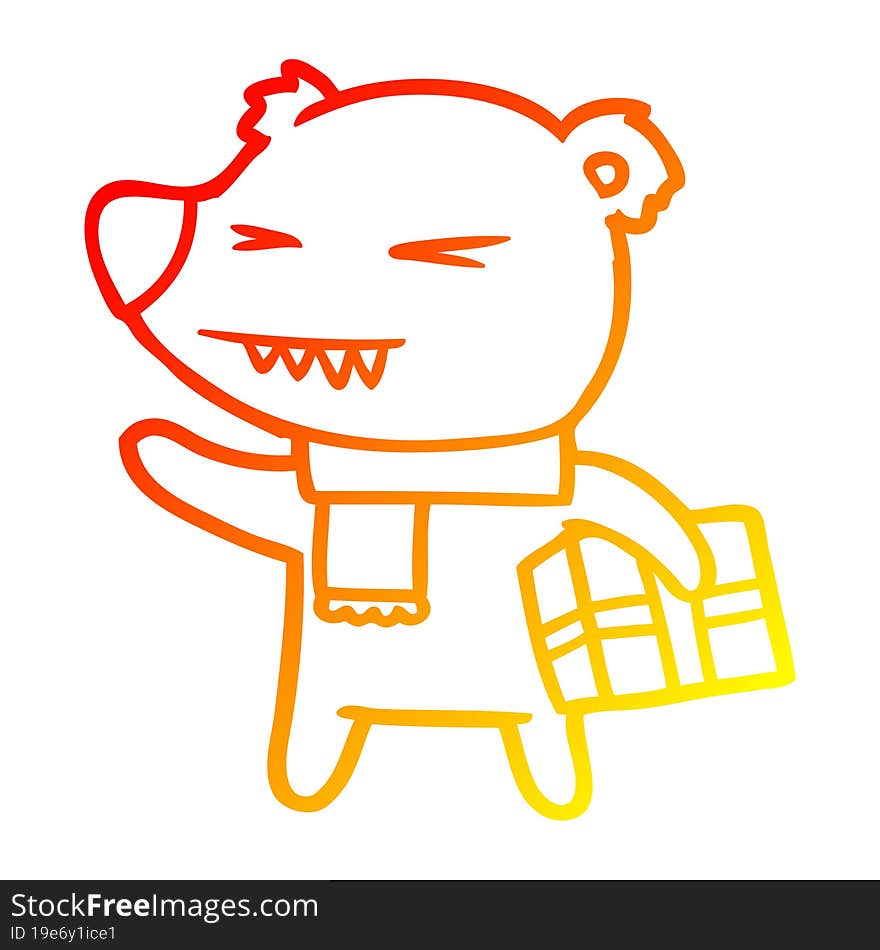 warm gradient line drawing of a cartoon angry polar bear with xmas present