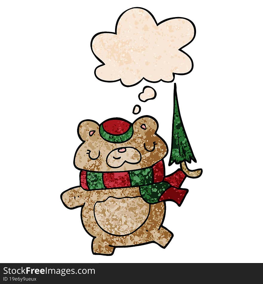 cartoon bear with umbrella and thought bubble in grunge texture pattern style