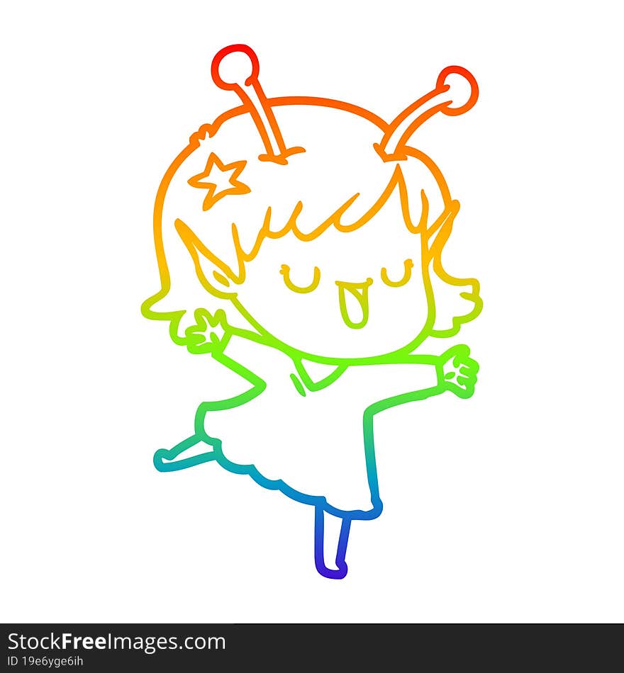 rainbow gradient line drawing happy alien girl cartoon