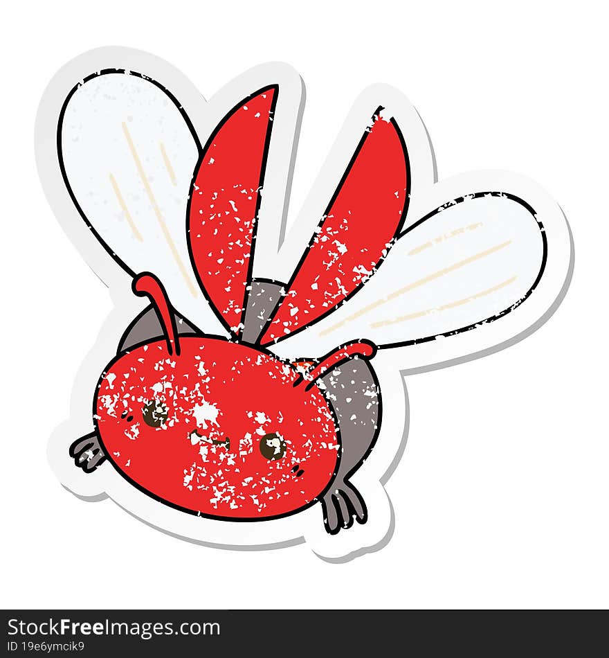 distressed sticker of a quirky hand drawn cartoon flying beetle