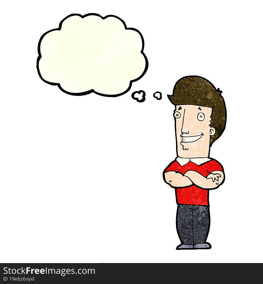 Cartoon Man With Folded Arms Grinning With Thought Bubble