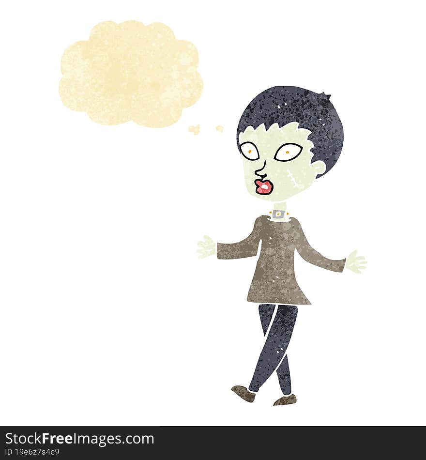 cartoon halloween zombie woman with thought bubble